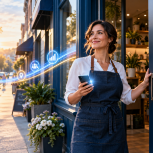 Local business owner opening her storefront at sunrise