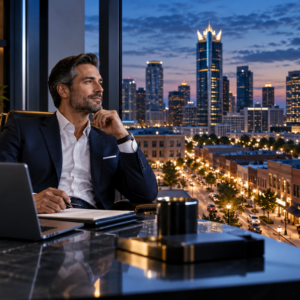 Business leader overlooking a city at blue hour